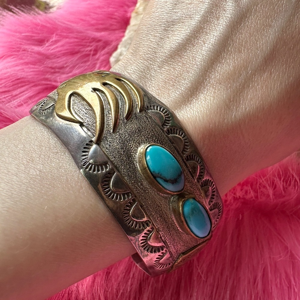 Signed Native American Sterling silver turquoise bear paw cuff bracelet